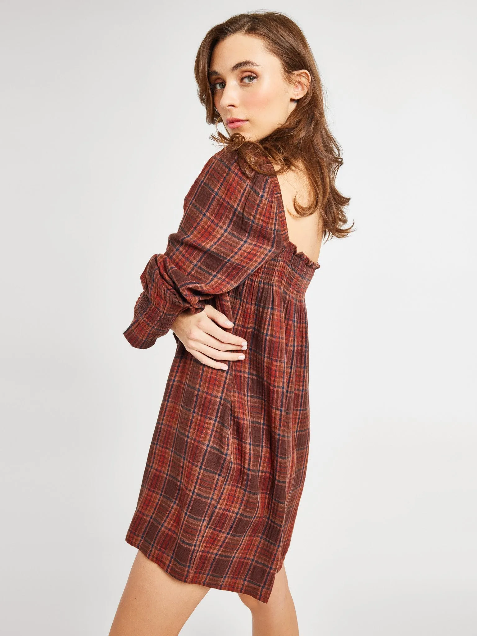 Drawstring-Closure Gabriette Dress in Fireside Plaid