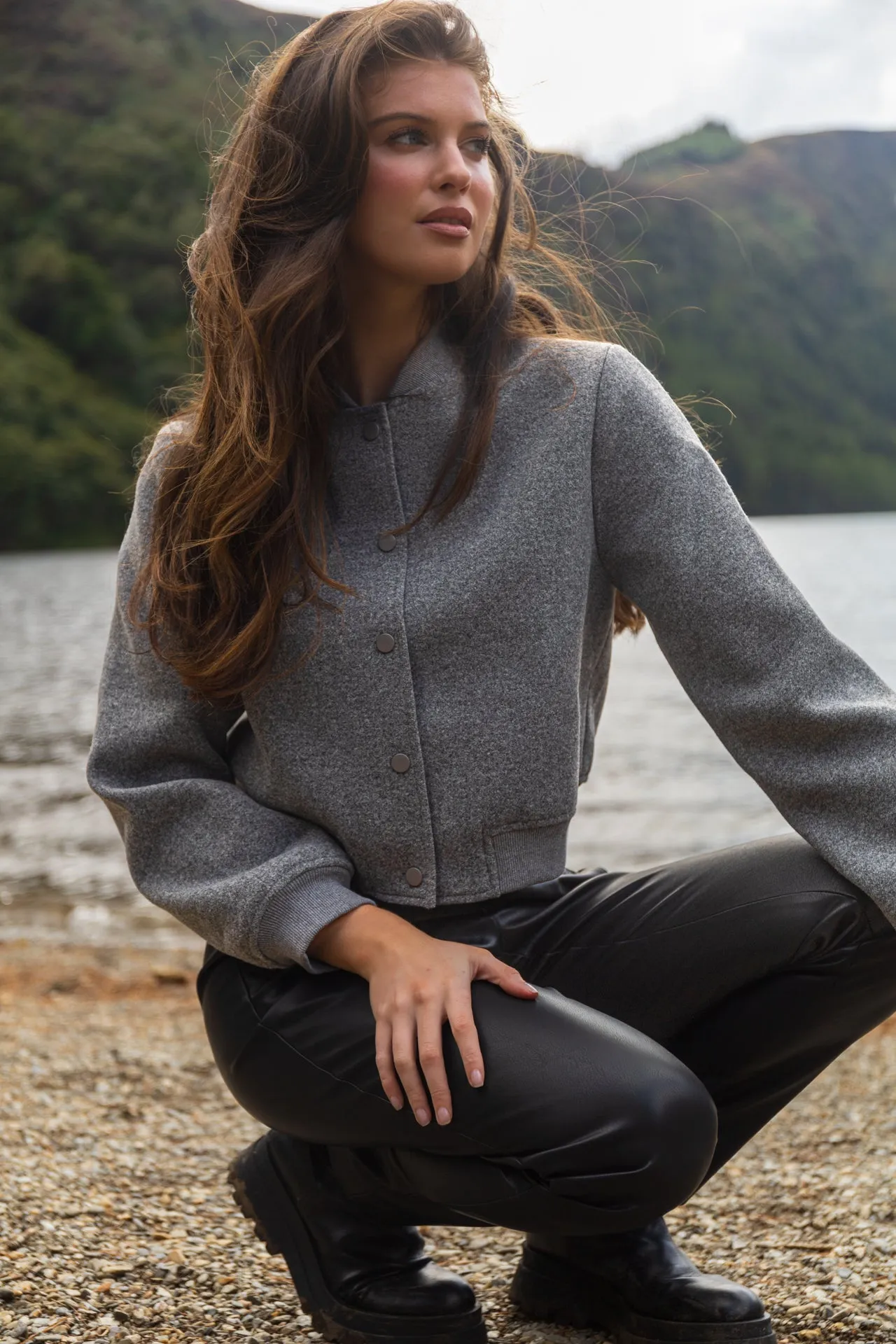 Abigail Grey Cropped Bomber ElasticWaistband Abrasion Resistant Shell