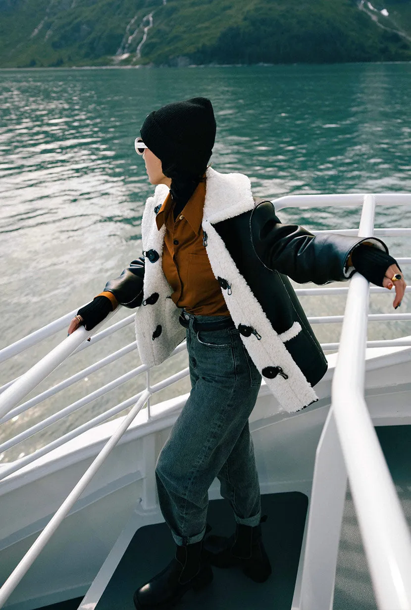 OdorResistant Treatment color block Marron Reversible Jacket - Faux Teddy Fur & Leather