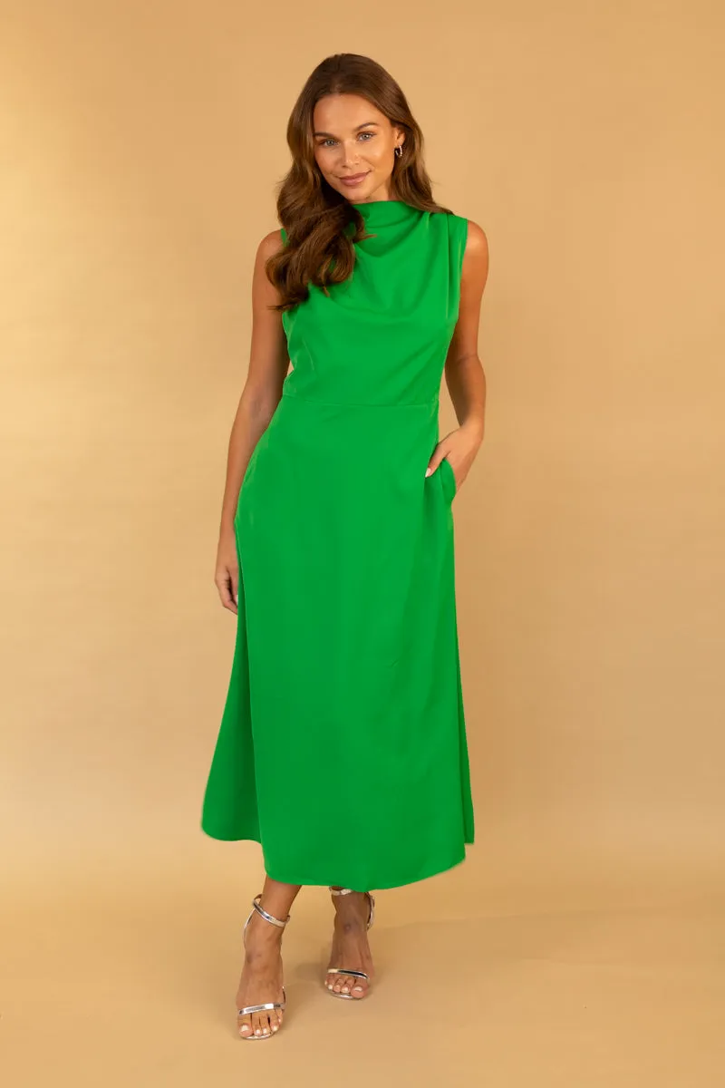 Casual Comfort Wear Adriana Green High Neck Midi Dress