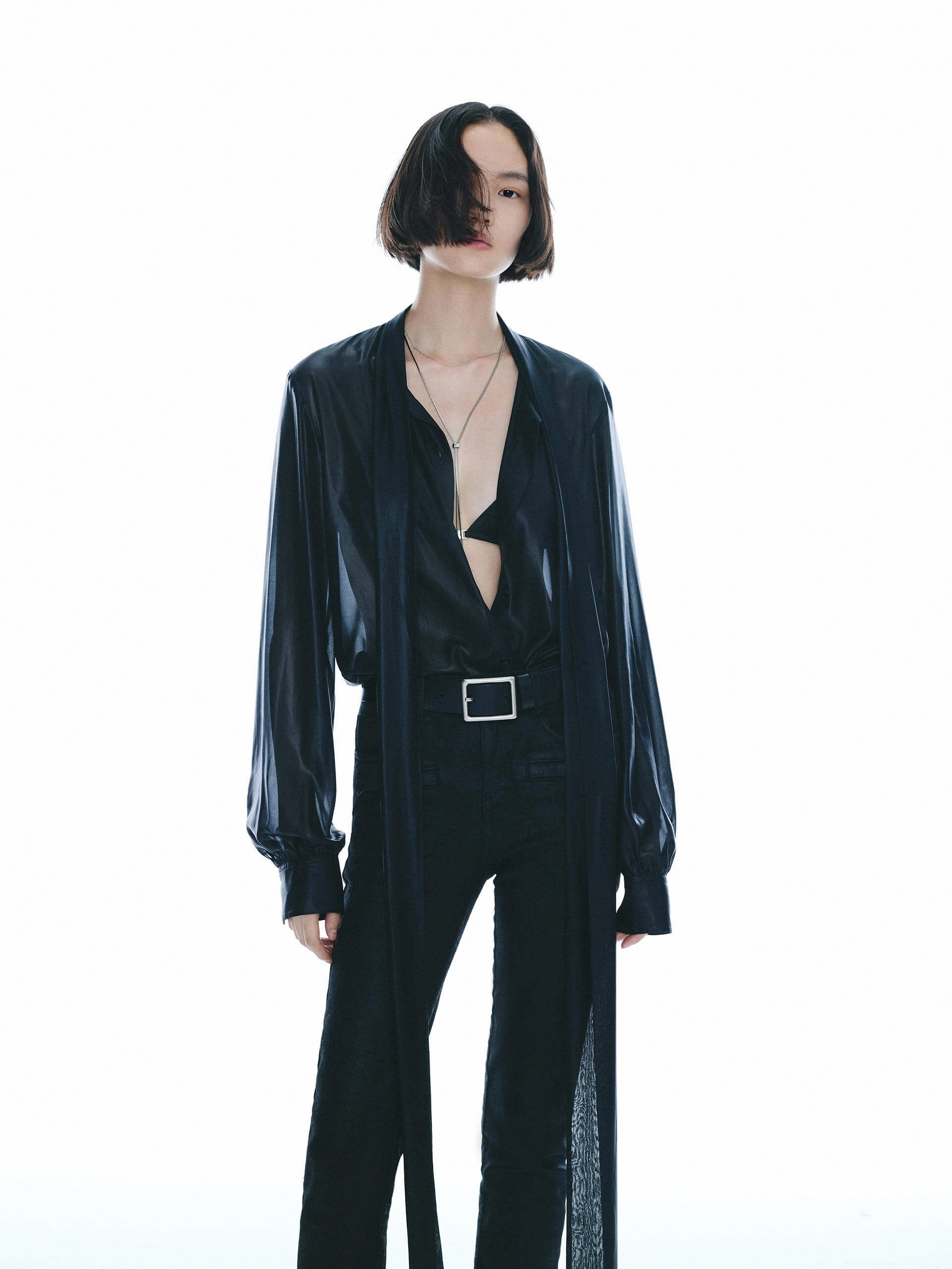 Breathable Mesh Zones Soft Touch Material Long Sleeve Tie Blouse