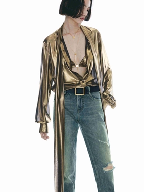 Wrinkle Free Fabric Low Profile Stitching Long Sleeve Tie Blouse
