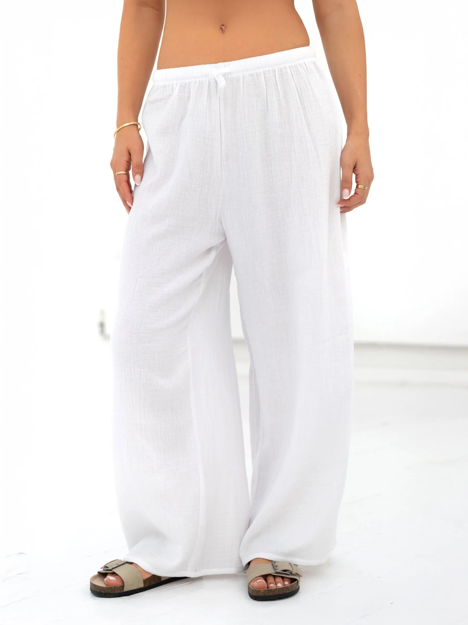 Mila Wide Leg Trousers - White Classic Beach Day Travel Outfit Reinforced Belt Loops
