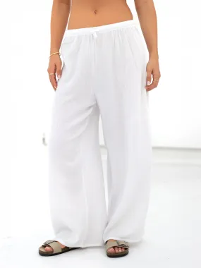 Mila Wide Leg Trousers - White Classic Beach Day Travel Outfit Reinforced Belt Loops
