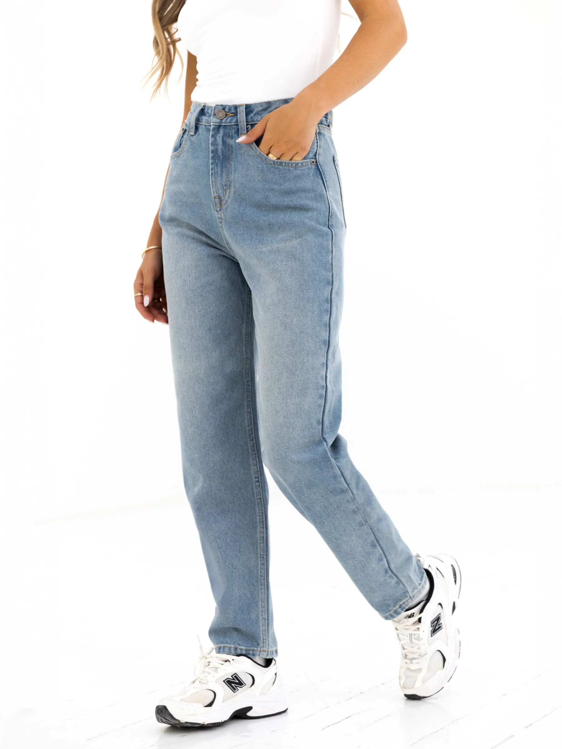 Blakely Mom Jeans - Faded Blue Weekend Warrior Luxury Athlete Fit Stone Wash Finish