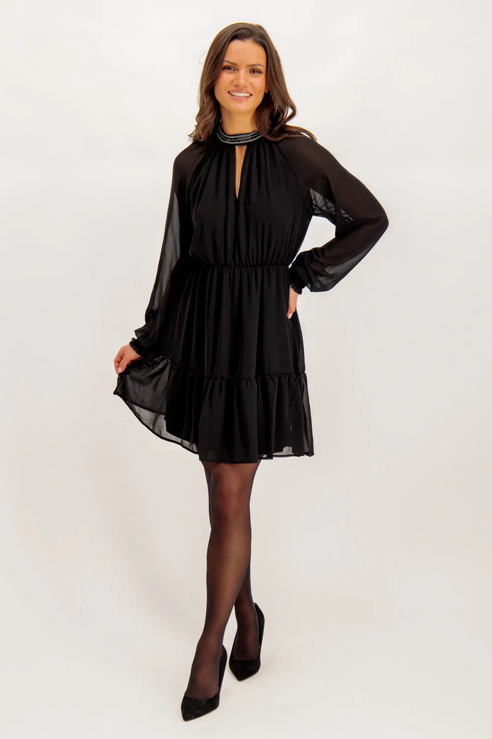Premium Quality Casual Silhouette Anlis Embellished High Neck Black Dress