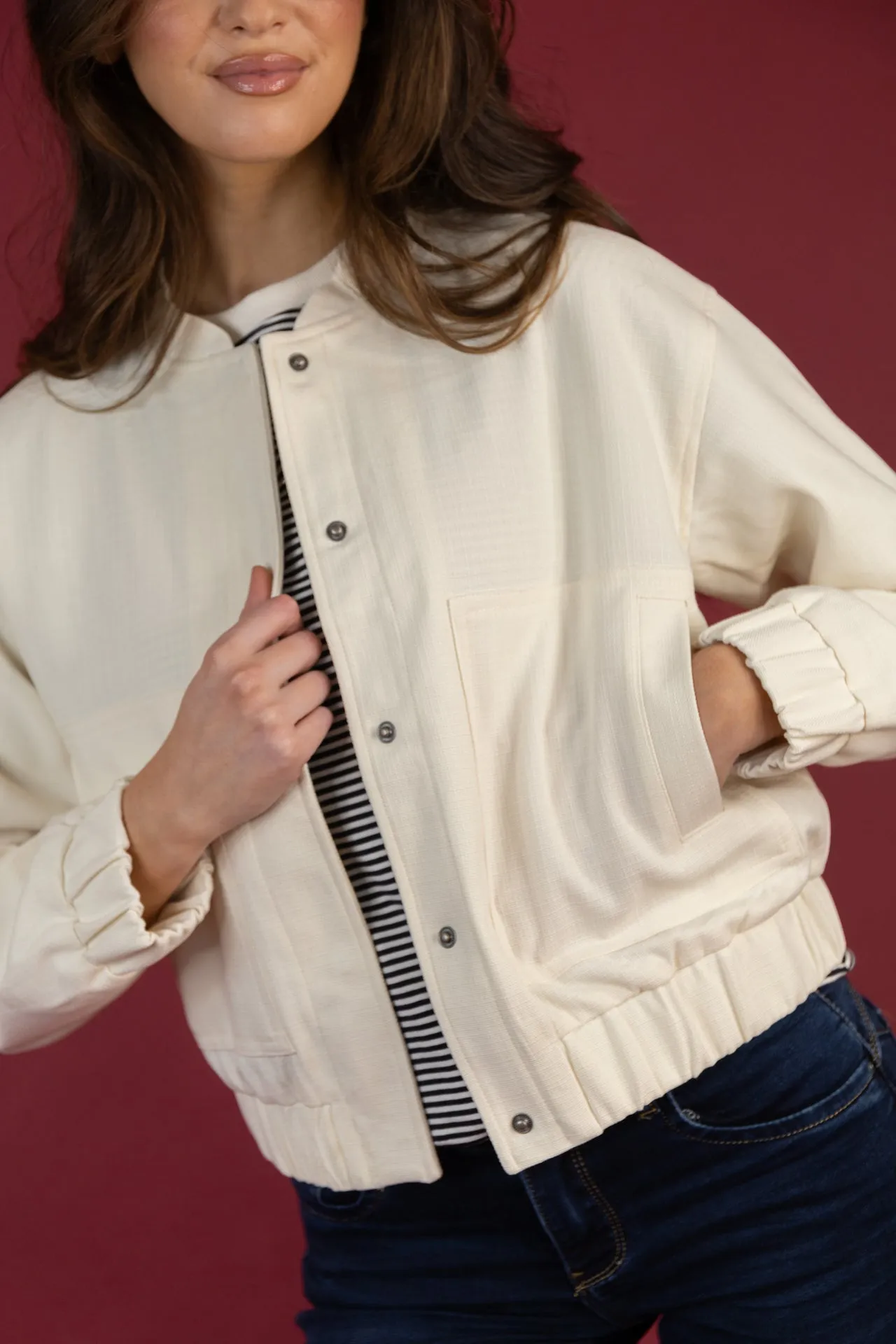 Abrasion Resistant Edging Annie Cream Bomber Jacket