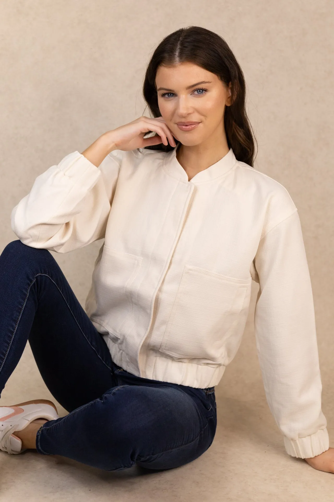 Annie Cream Bomber Jacket Concealed Zippers