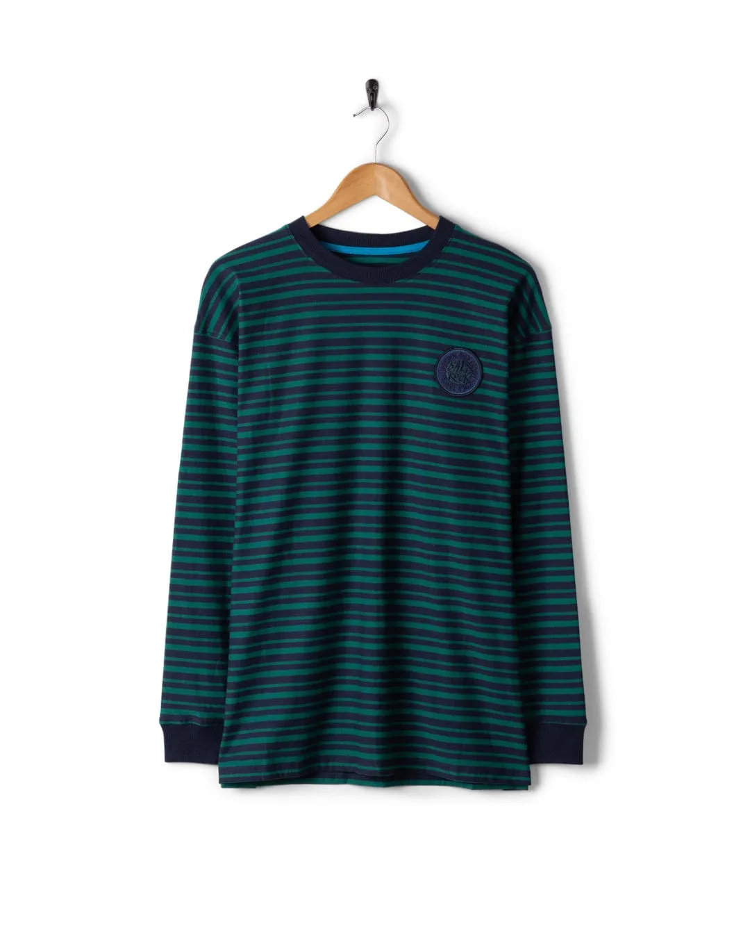 Original SR Badge - Mens Oversized Striped Long Sleeve T-Shirt  - Teal Linen blend