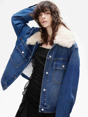 Fuzzy Collar Denim Jacket Non Binding Cuffs