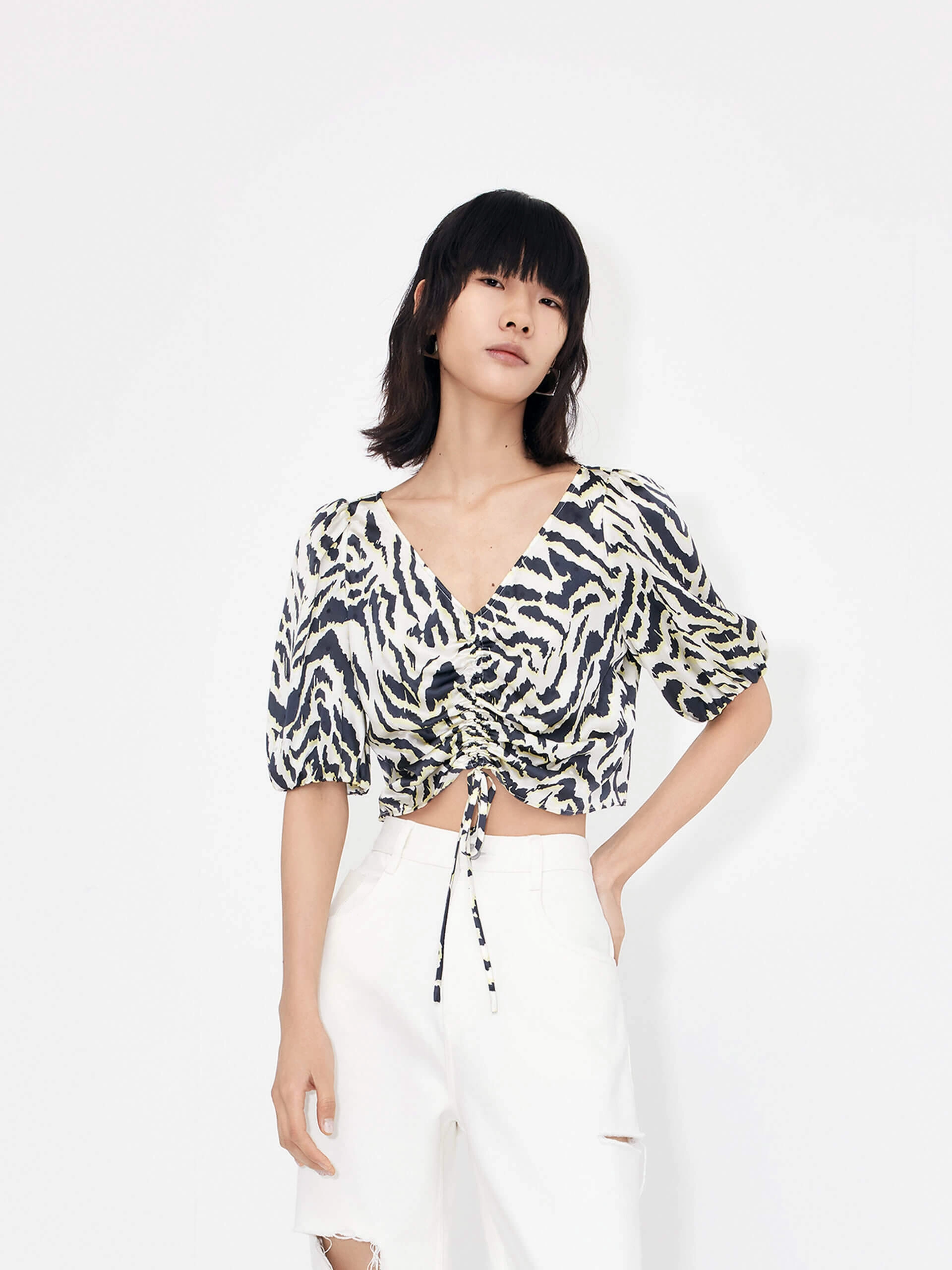 Temperature Control Fabric High Density Weave Silk Tiger Print V Neck Top