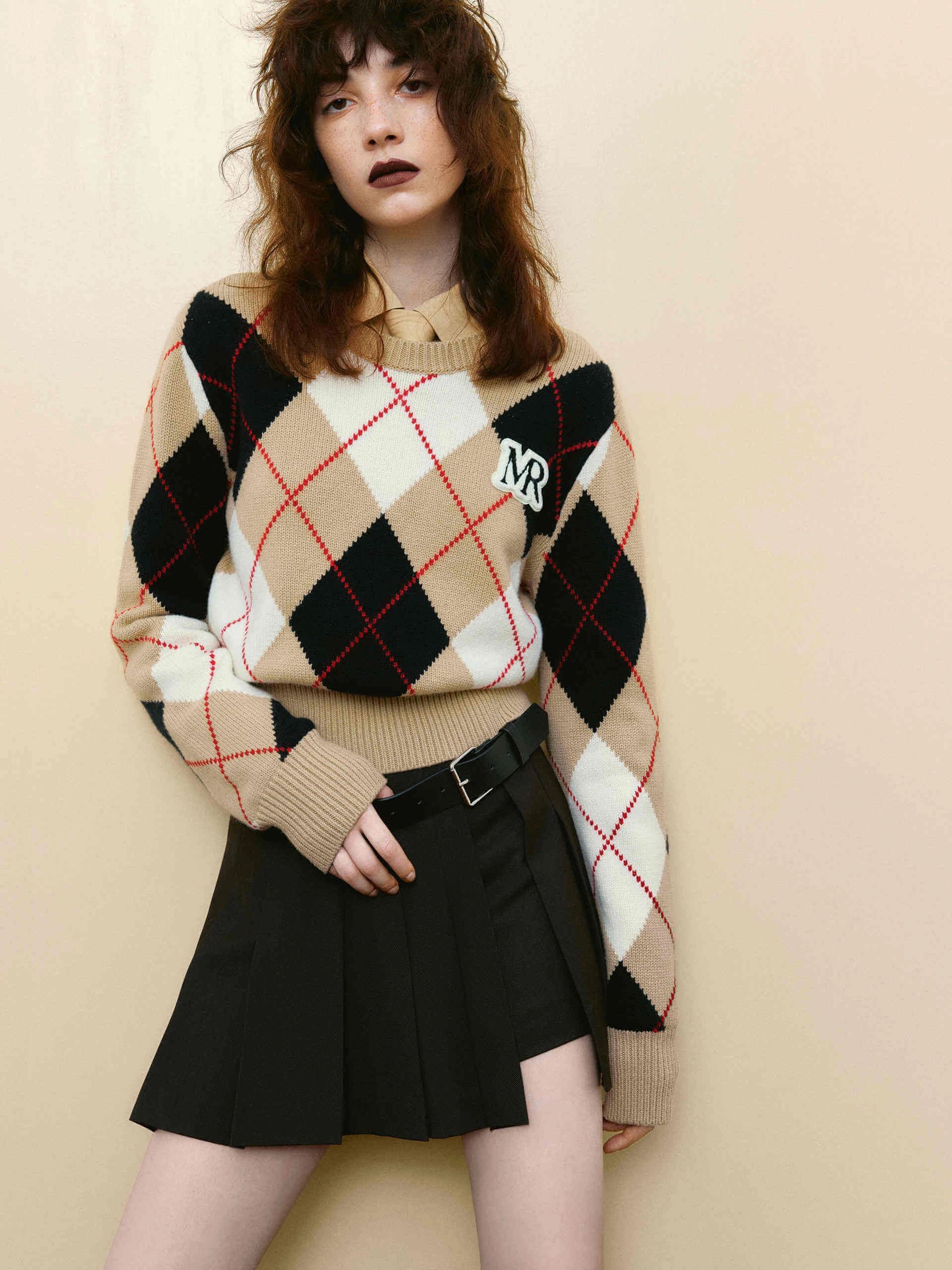 Flatlock stitching Argyle Check Knitted Sweater