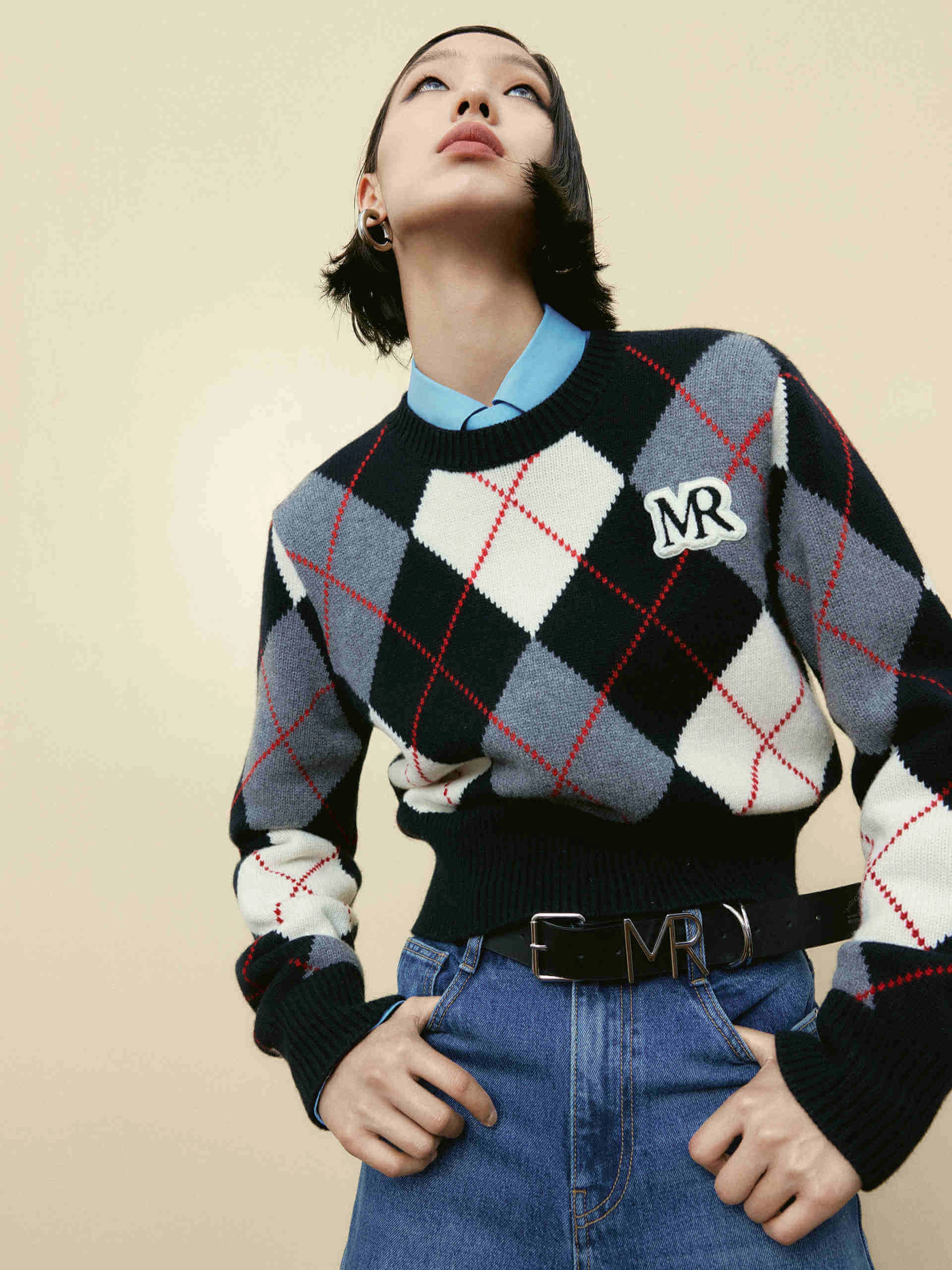 Argyle Check Knitted Sweater Multi Panel Design