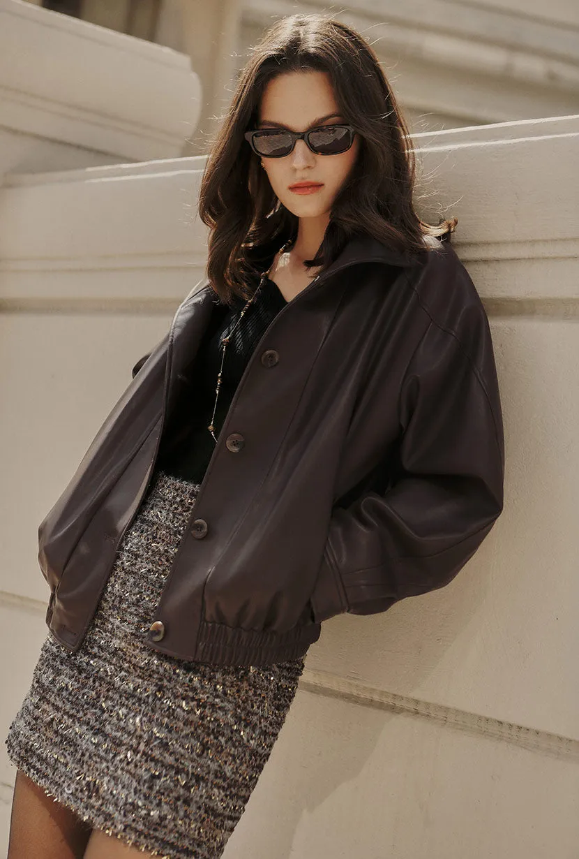 Ashley Oversized Faux Leather Jacket - Dark Umber Quilted Stitching Pattern Eco Friendly Dye Process