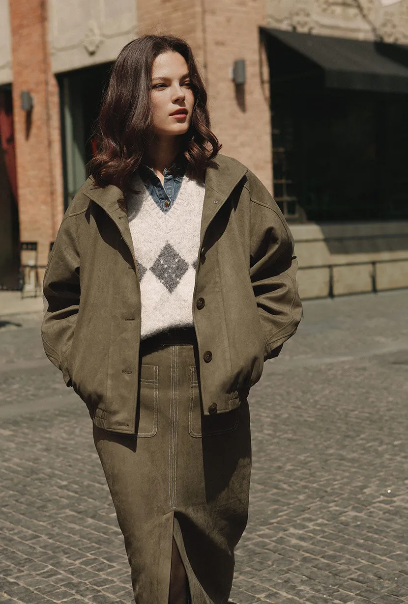 Daily Essential Ashley Oversized Suede Jacket - Kahki Green