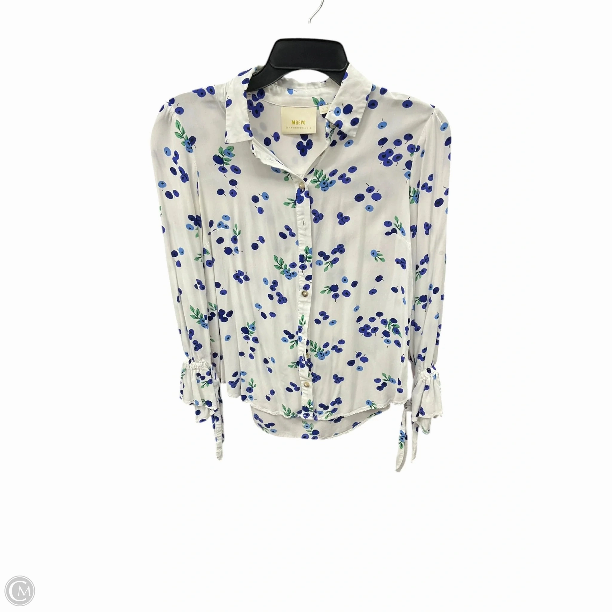 TactileWeave Retro design Blouse Long Sleeve By Maeve In Blue & White, Size: S