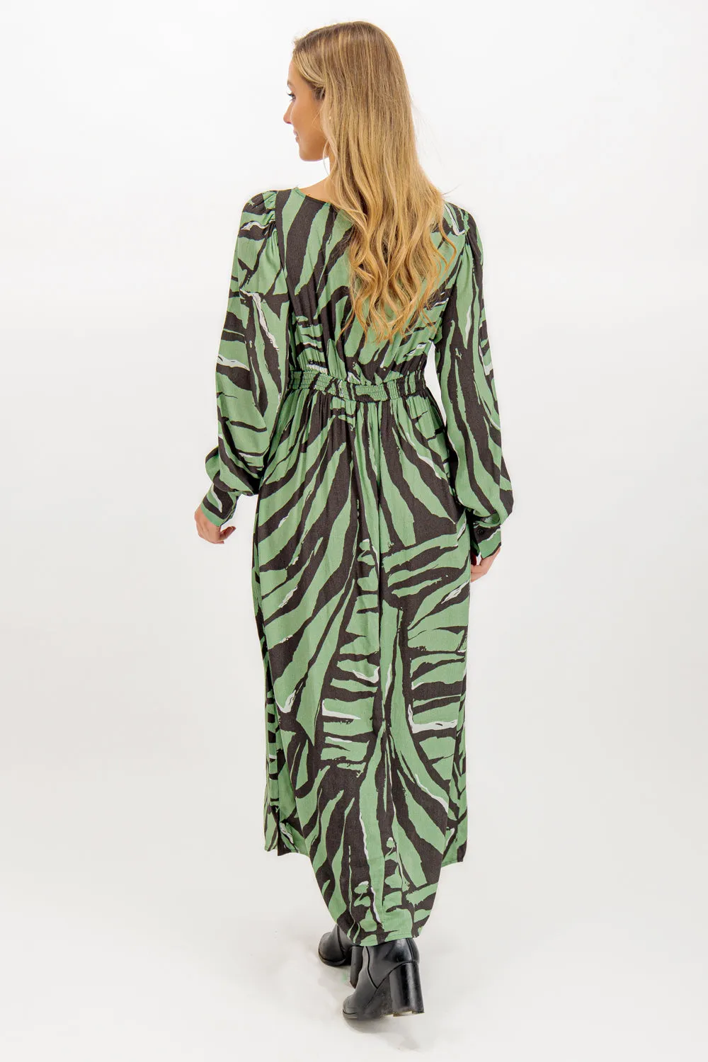 Invisible-Zip Thermal-Lined Gin Lily Pad Green & Black Tiger Print Dress