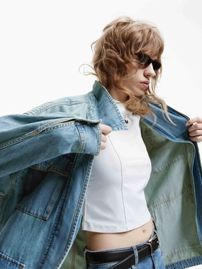 Belt Detail Denim Jacket Layered Edge Detailing