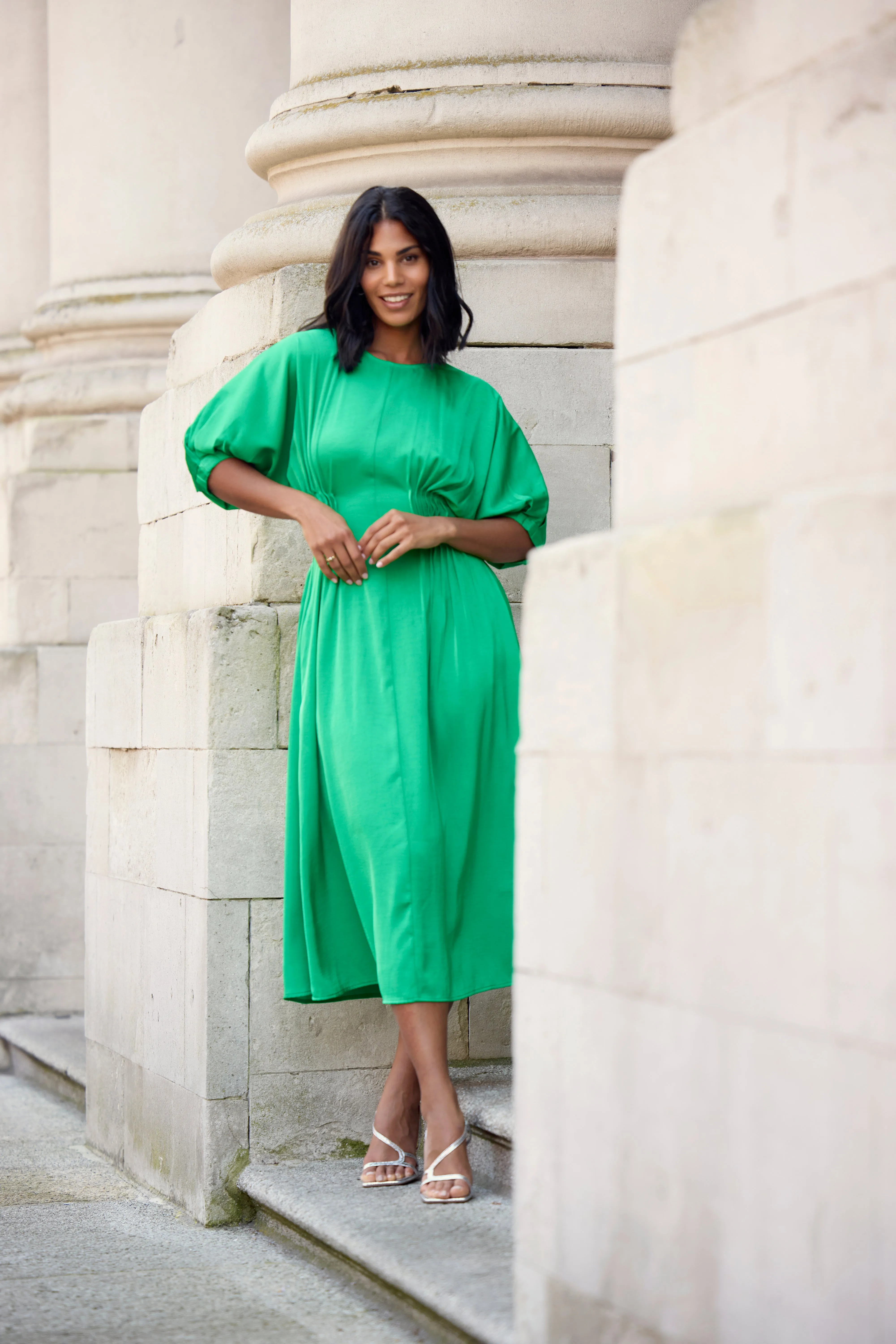 Vacation Outfit Calm Movement Bianca Green Pleated Midi Dress