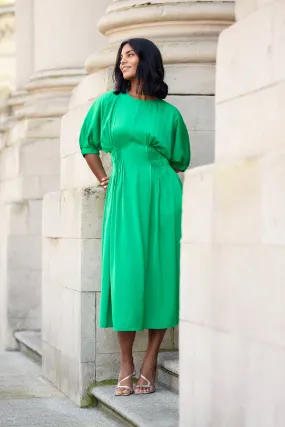 Tassel-Detail Bianca Green Pleated Midi Dress