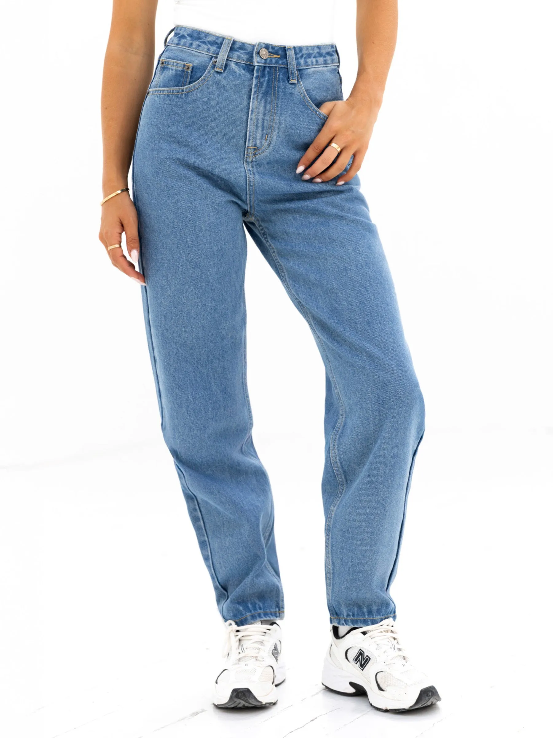 Student Outfit Earthy All-Purpose Use Blakely Mom Jeans - Mid Blue