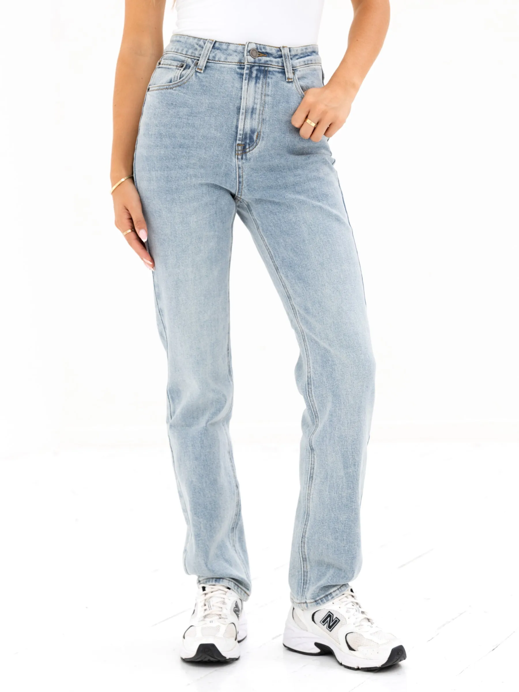 Blakely Straight Cut Jeans - Faded Blue Double Stitched Seams Music Event Picnic Style