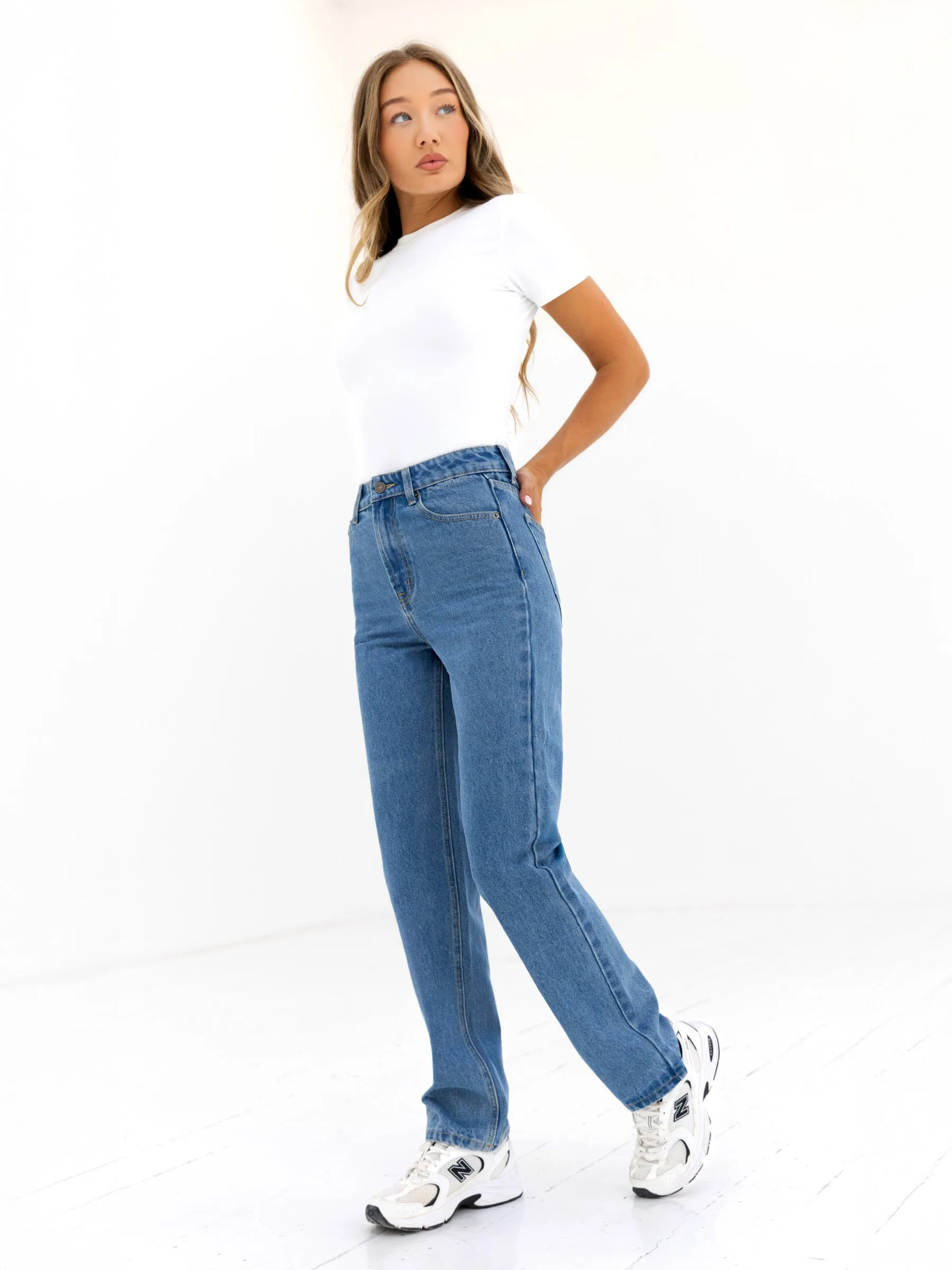 Blakely Straight Cut Jeans - Mid Blue Distressed Detailing Shopping Day Outdoor Enthusiast