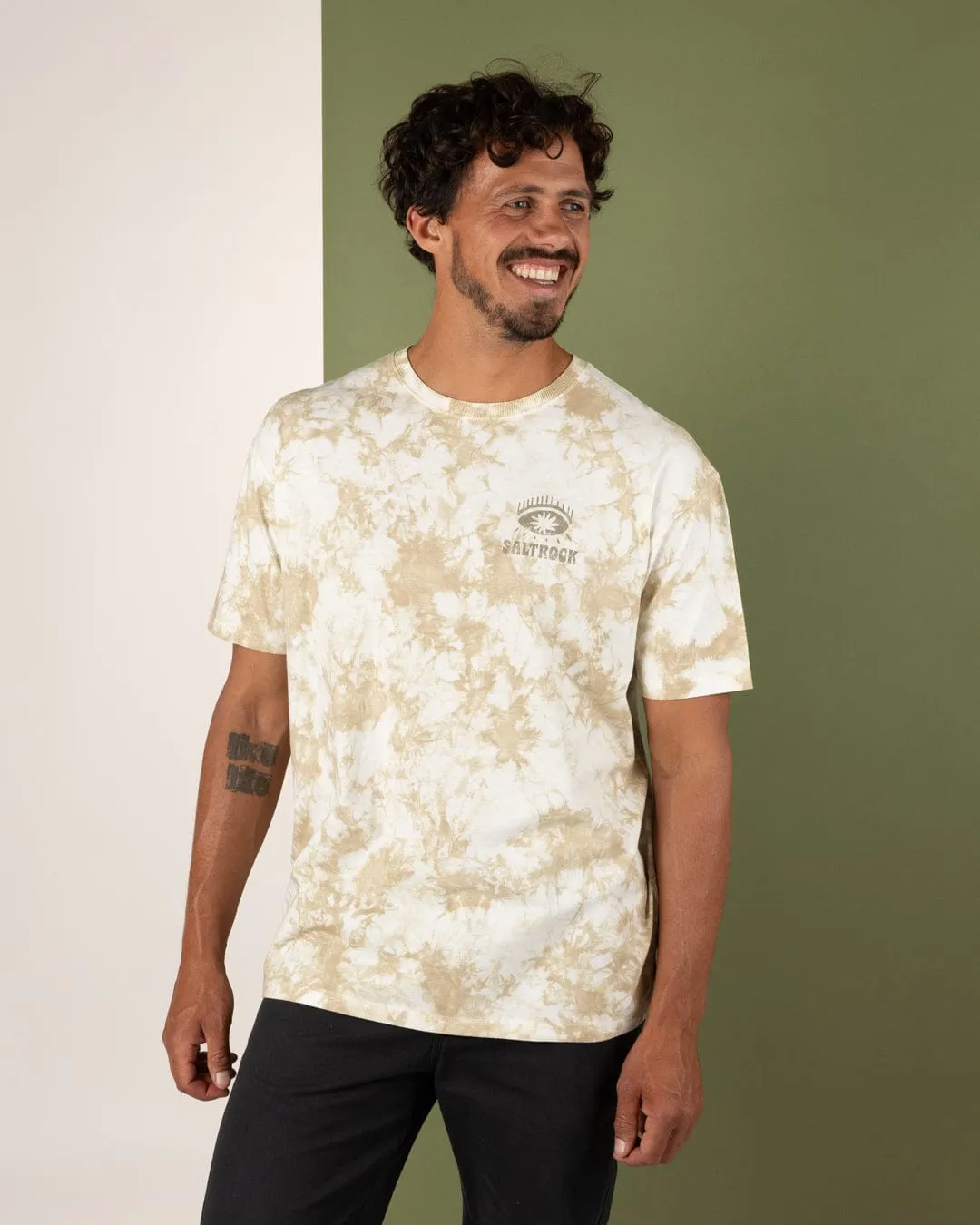 Casual Comfort Fit Street Smart Look Block Icons - Mens Oversized Tie Dye T-Shirt - Cream