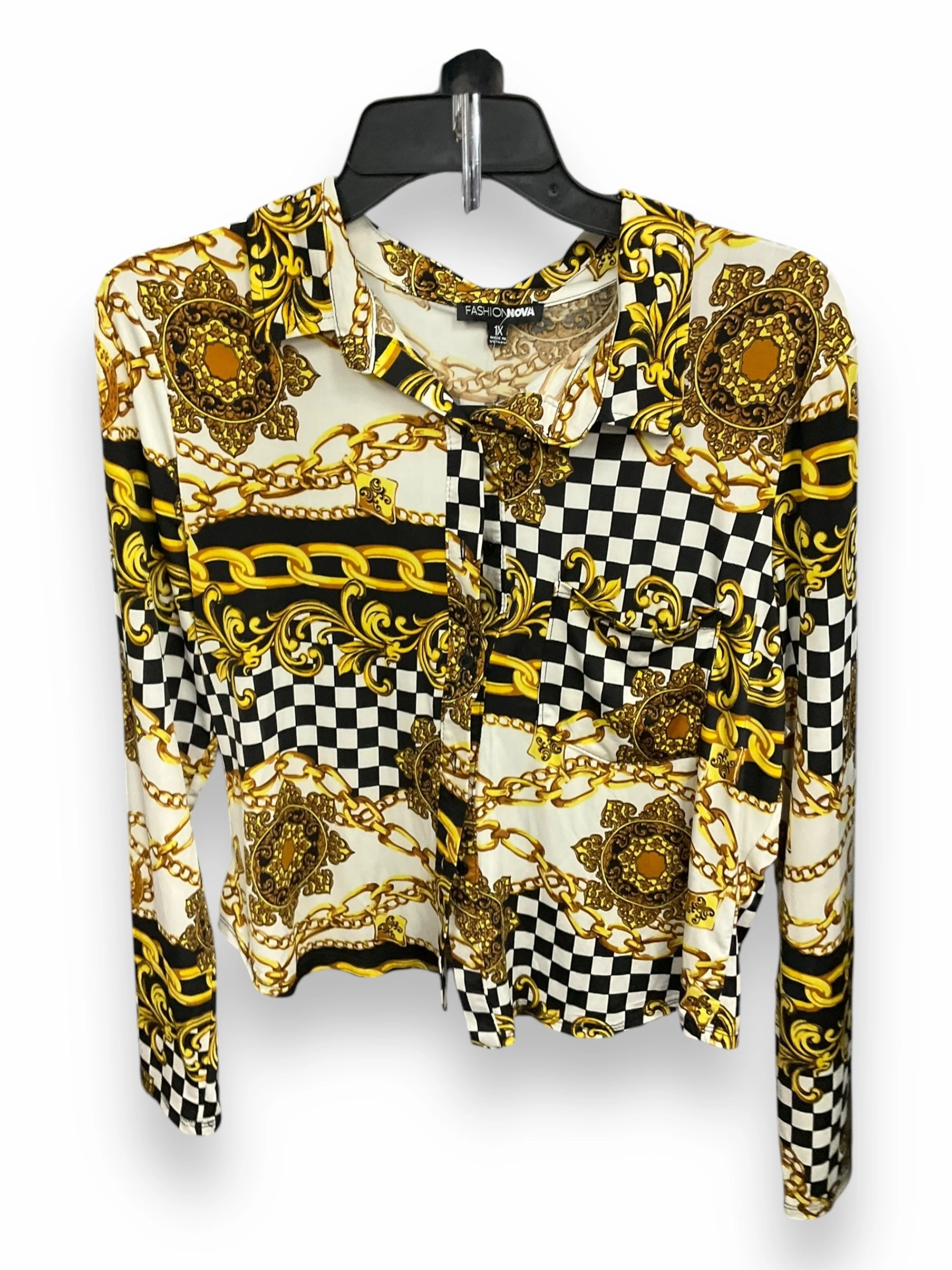 Blouse Long Sleeve By Fashion Nova In Black & Gold, Size: 1x MoistureControl ContrastPlacket