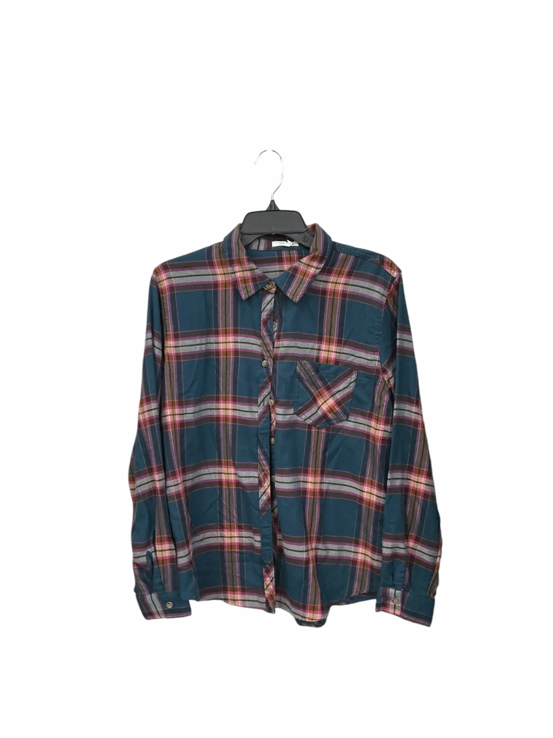 Blouse Long Sleeve By Maurices In Plaid Pattern, Size: L ContrastStitching Flexible Shoulder Gusset