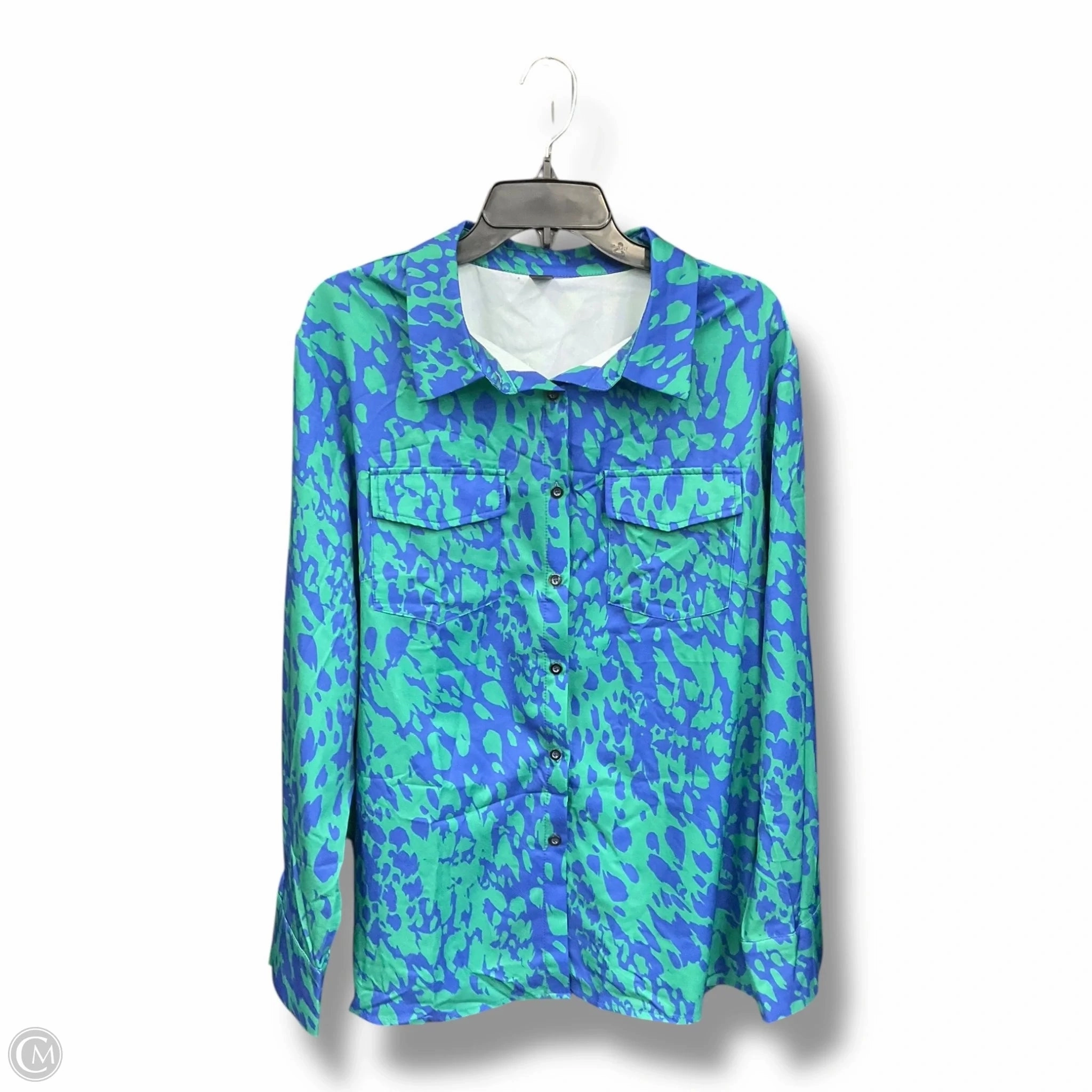 NonIrritatingStitching Distressed Texture Blouse Long Sleeve By Shein In Blue & Green, Size: 3x