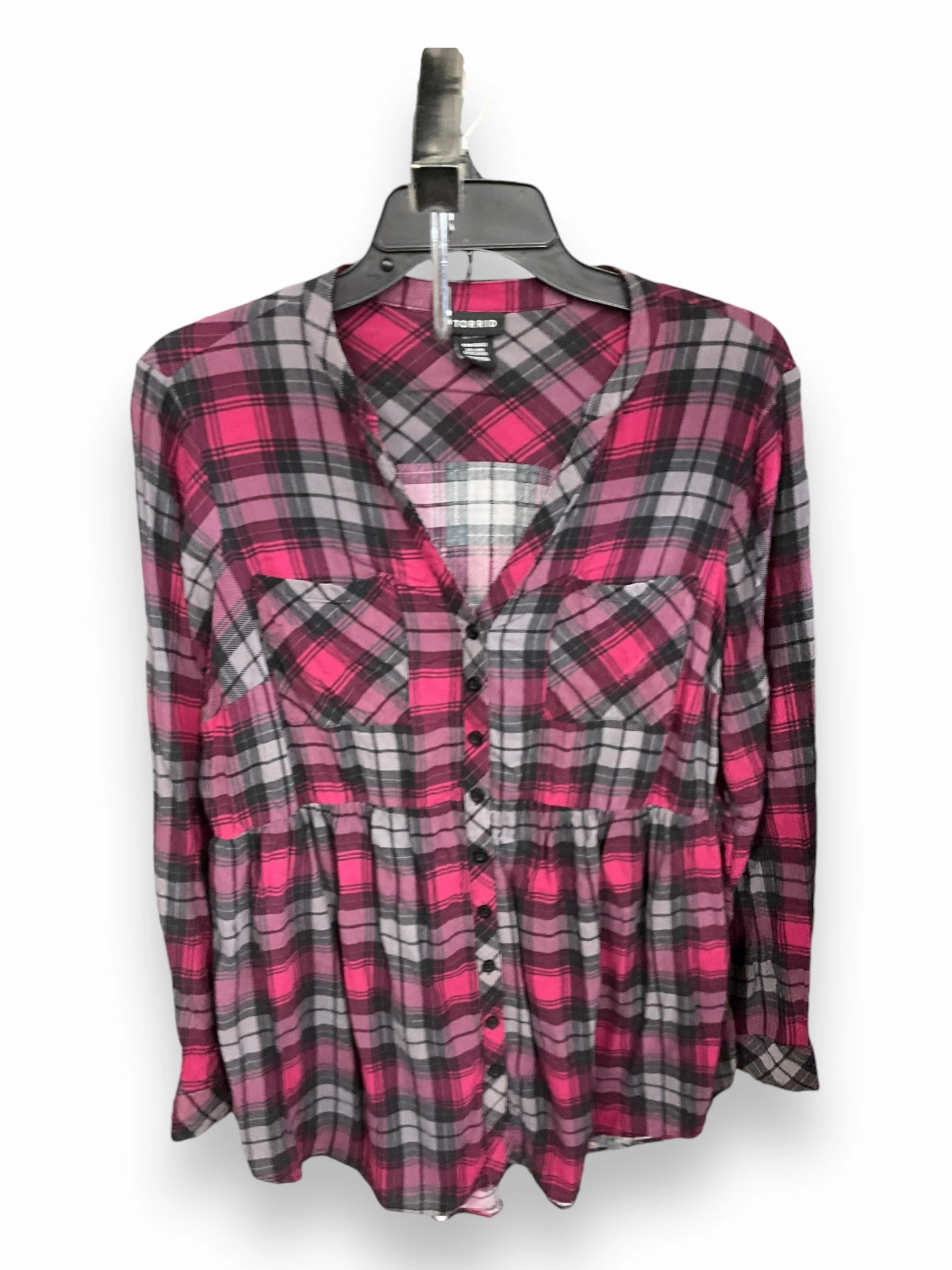 Blouse Long Sleeve By Torrid In Plaid Pattern, Size: M CompressionFit