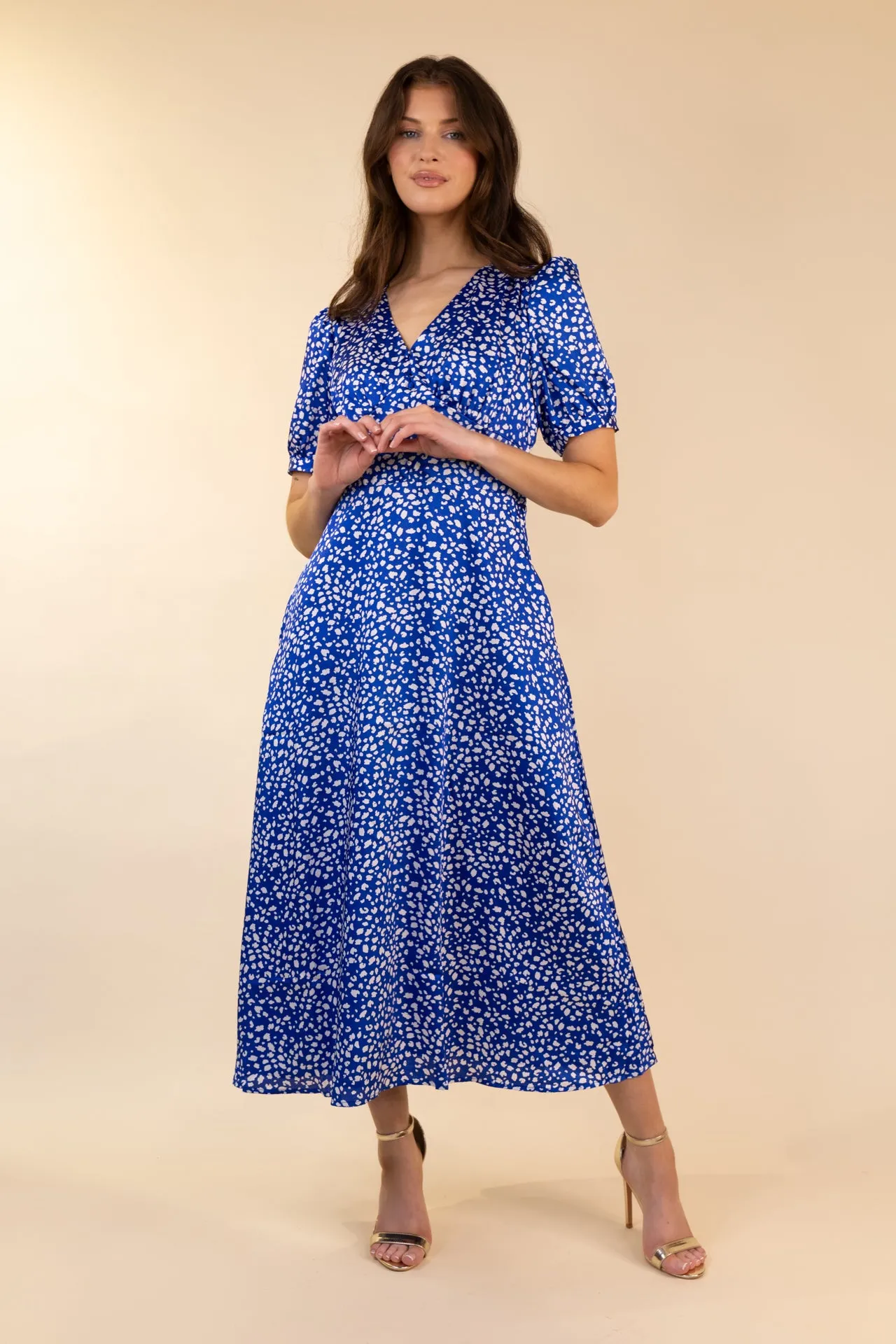 Blue & White Print Midi Dress Relax Line Chic Tone