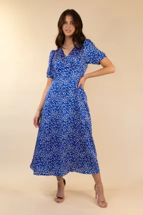 Side-Zip Blue & White Print Midi Dress