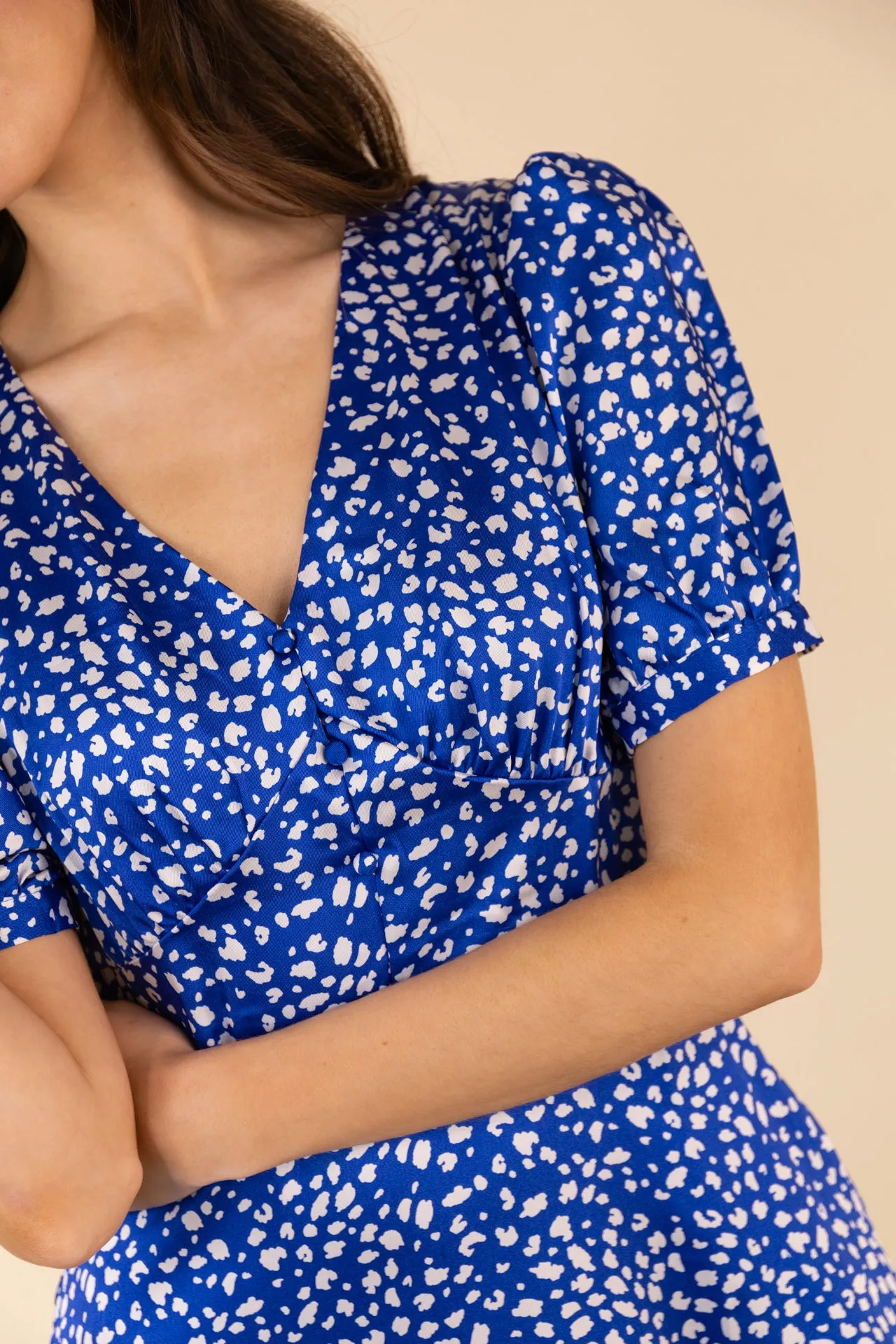 Blue & White Print Midi Dress Comfy Style Side-Pocket
