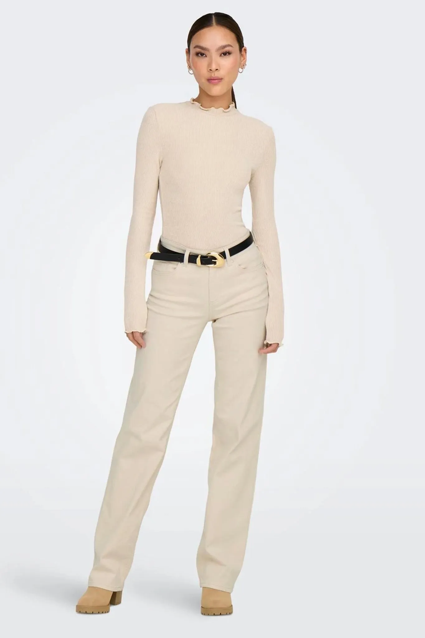 Neutral Style Blush Ecru Mid Waist Straight Leg Jeans