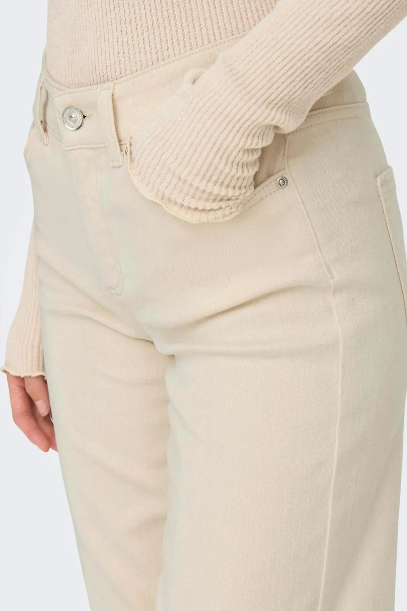 Blush Ecru Mid Waist Straight Leg Jeans Pull-on style FunctionalZipper