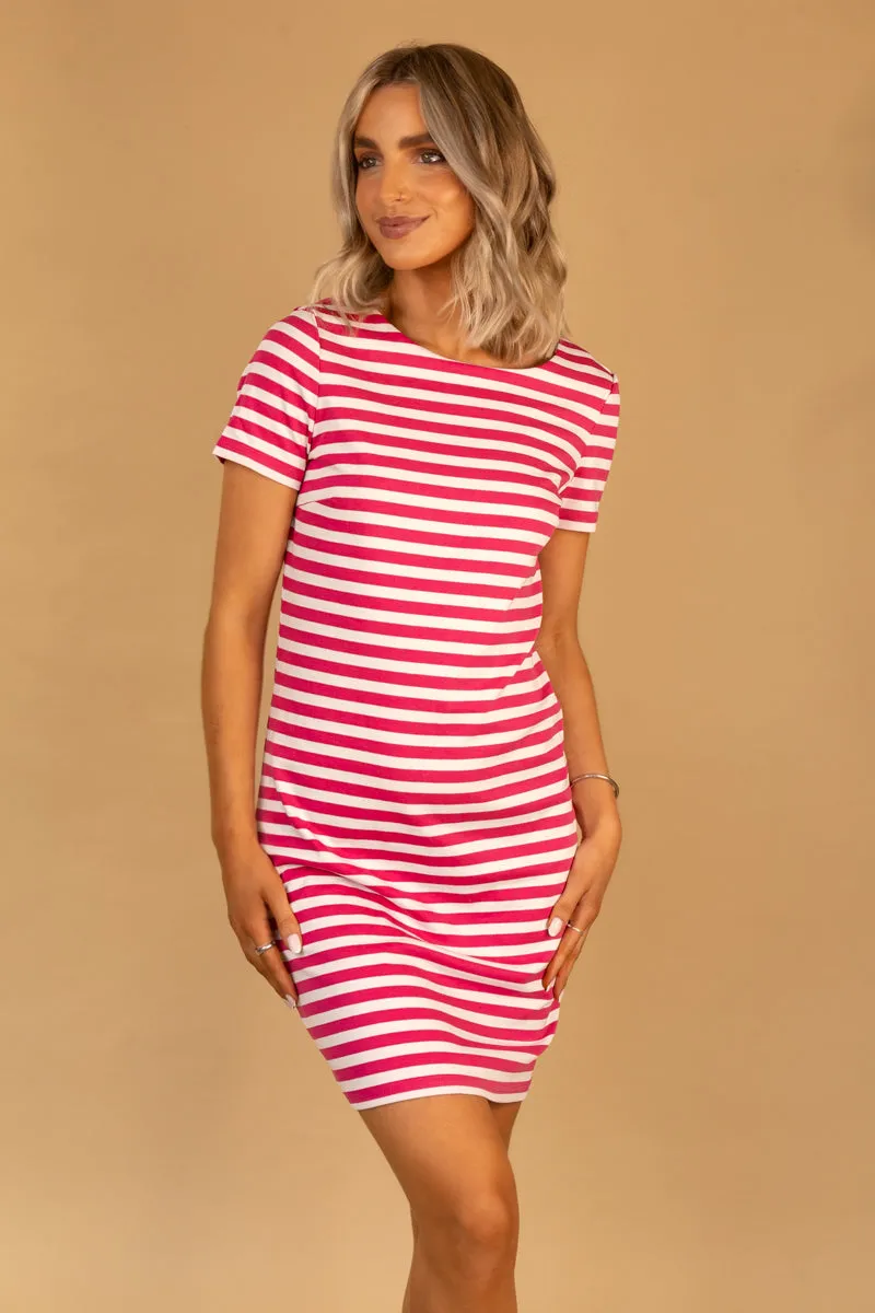 Comfortable texture everyday staple Ninny O-Neck Pink & White Stripe Dress