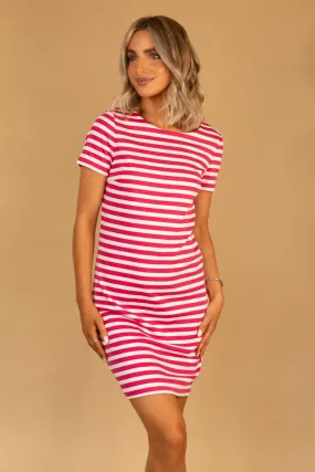 Ninny O-Neck Pink & White Stripe Dress Inner Smile