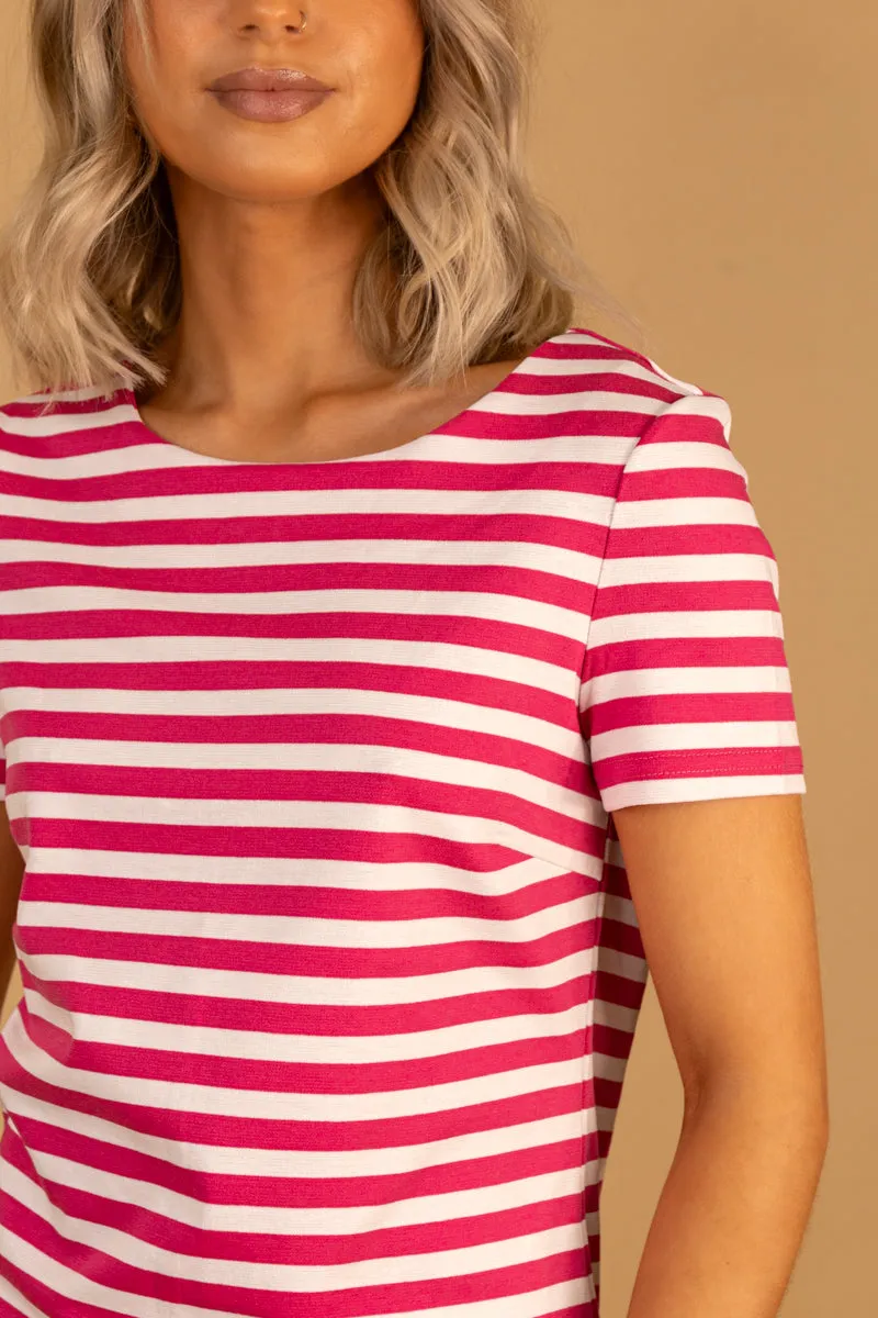 Ninny O-Neck Pink & White Stripe Dress A Line Cut