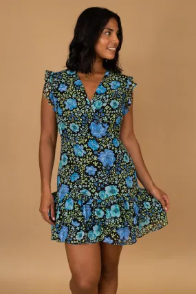 Occasion Wear Emma Blue & Green Print Frill Dress