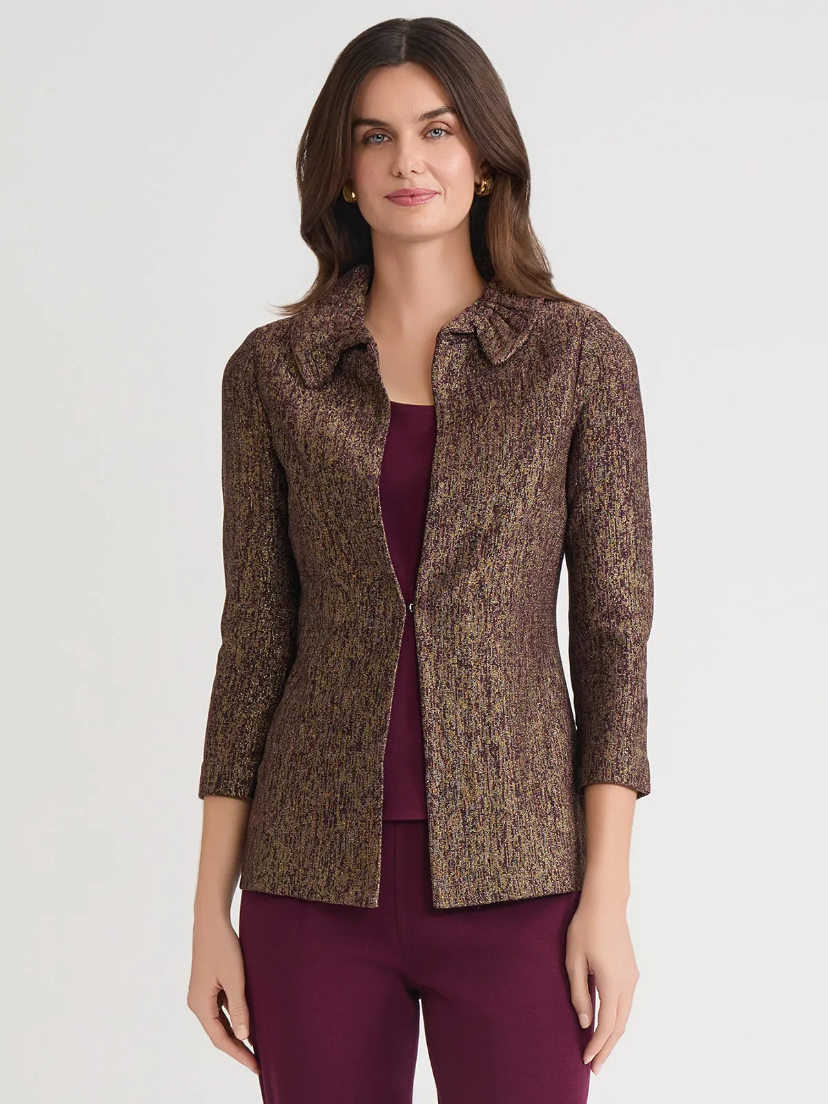 Heritage Rouched Neck Lurex Knit Jacket - True Fit Long Lasting Shape Retention Travel Functional Wear