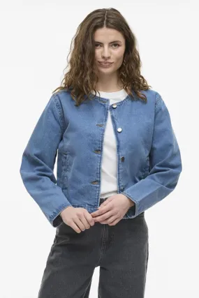 Flexible Shoulder All weather Reba Light Blue Collarless Denim Jacket