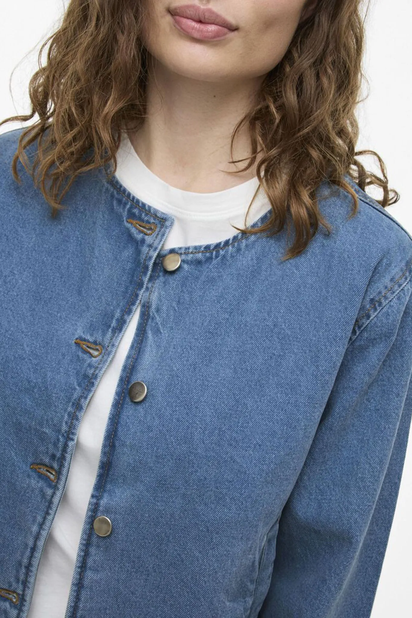 Reba Light Blue Collarless Denim Jacket Casual Classic