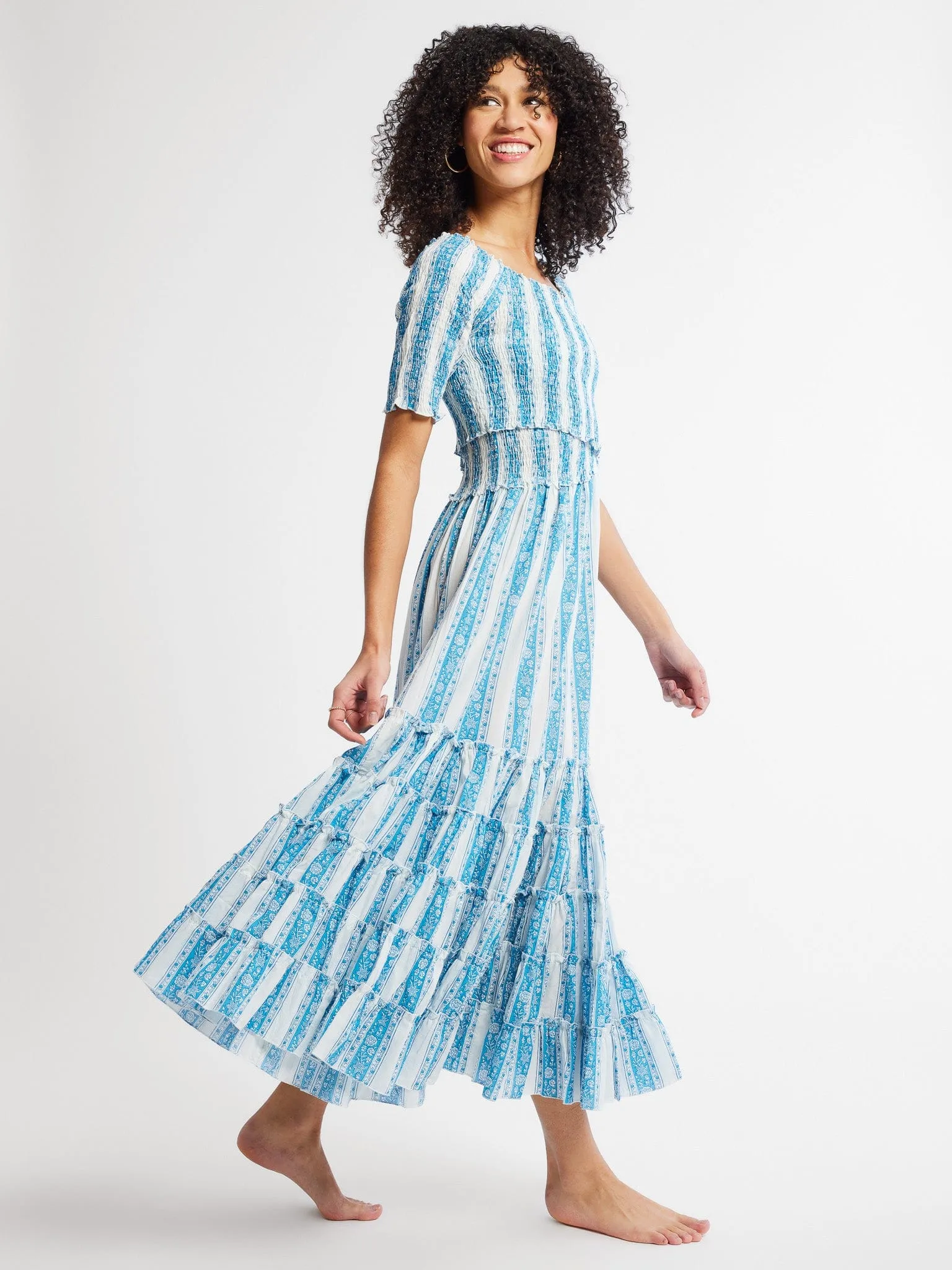 Celia Dress in Aqua Jaipur Stripe Structured Fit Travel Vibe