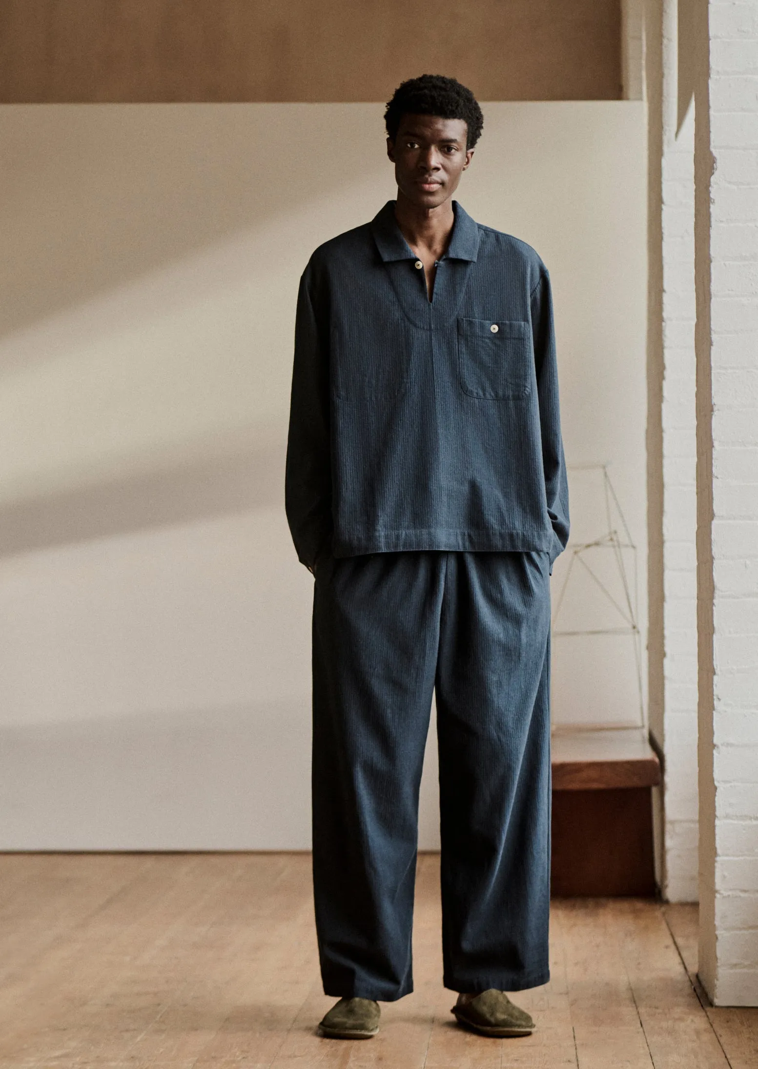 Brushed Cotton Herringbone Drawstring Pants | Blue Slate No Ride Up Design