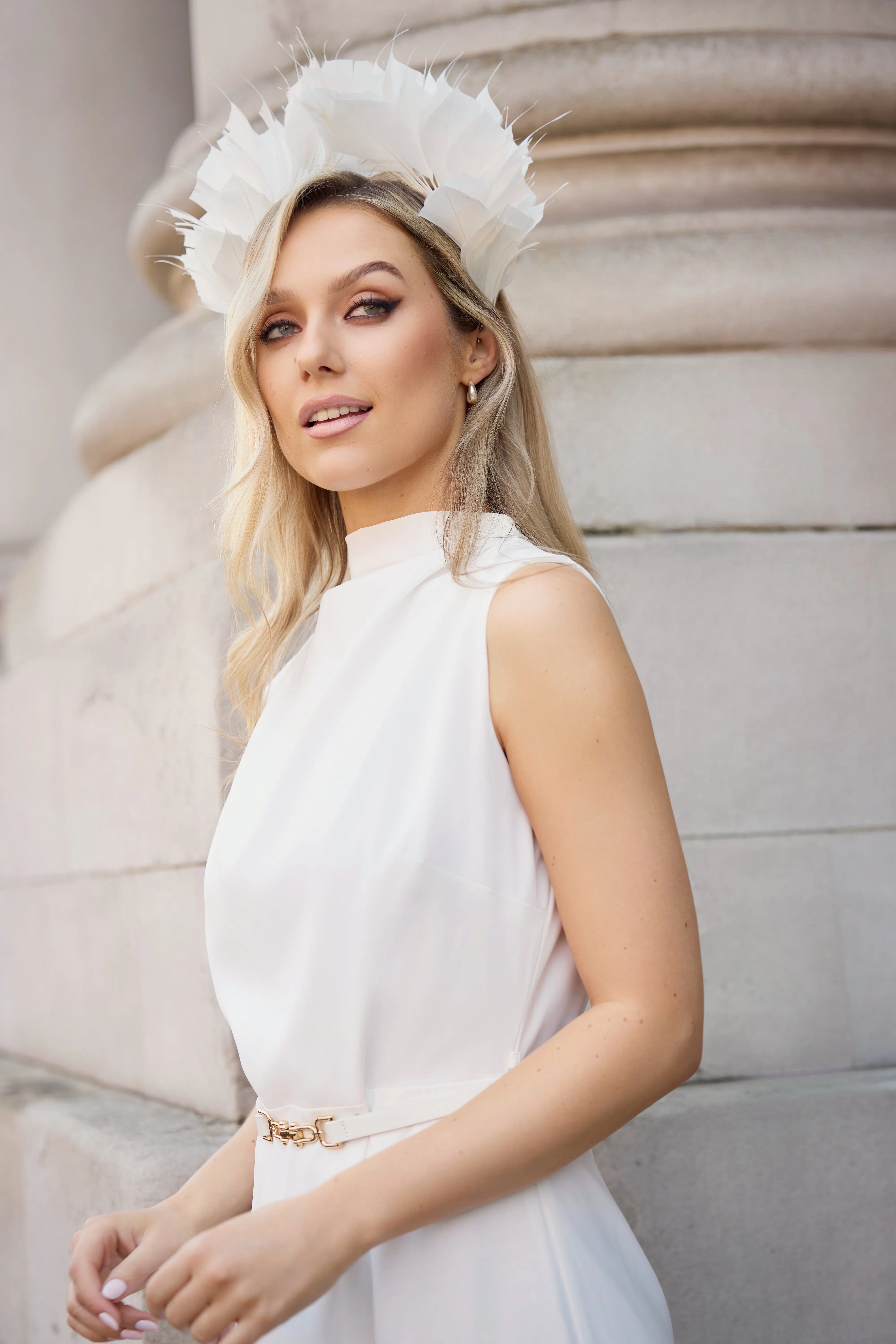 Naomi White Belted Short High Neck Dress Casual Feel