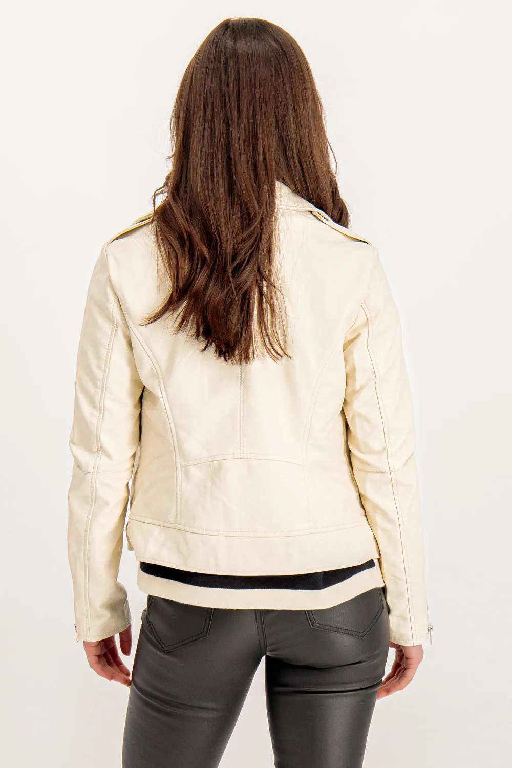 Cara Birch Faux Leather Jacket Non Restrictive Movement Cut Pattern Print