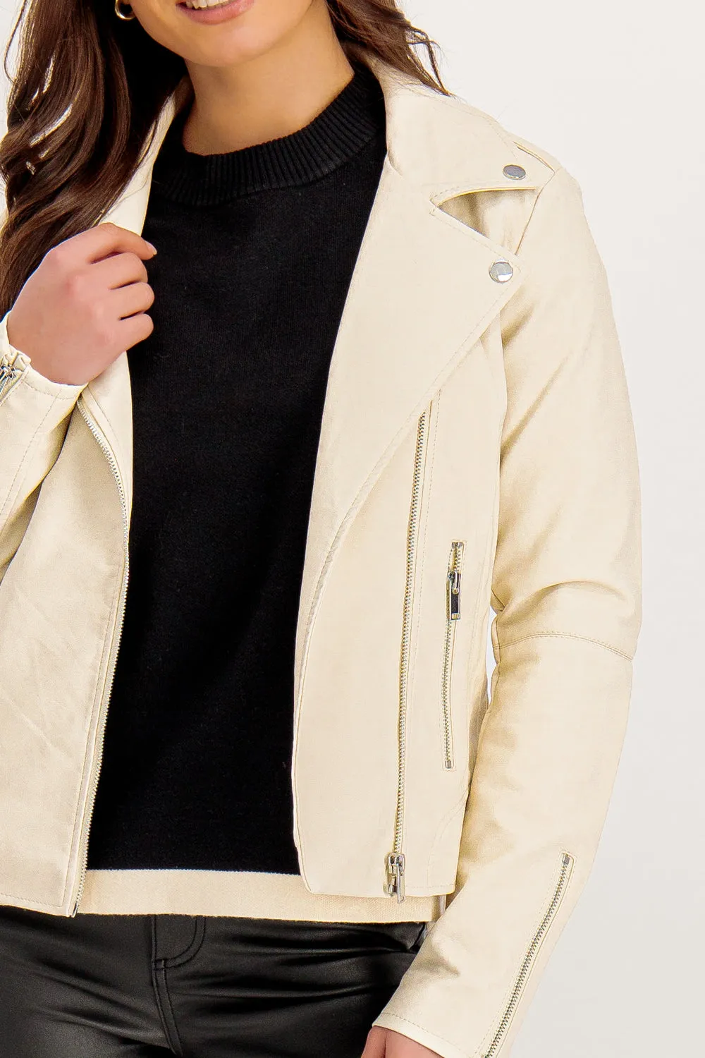 Functional Layer Piece Compression Fold Design Cara Birch Faux Leather Jacket