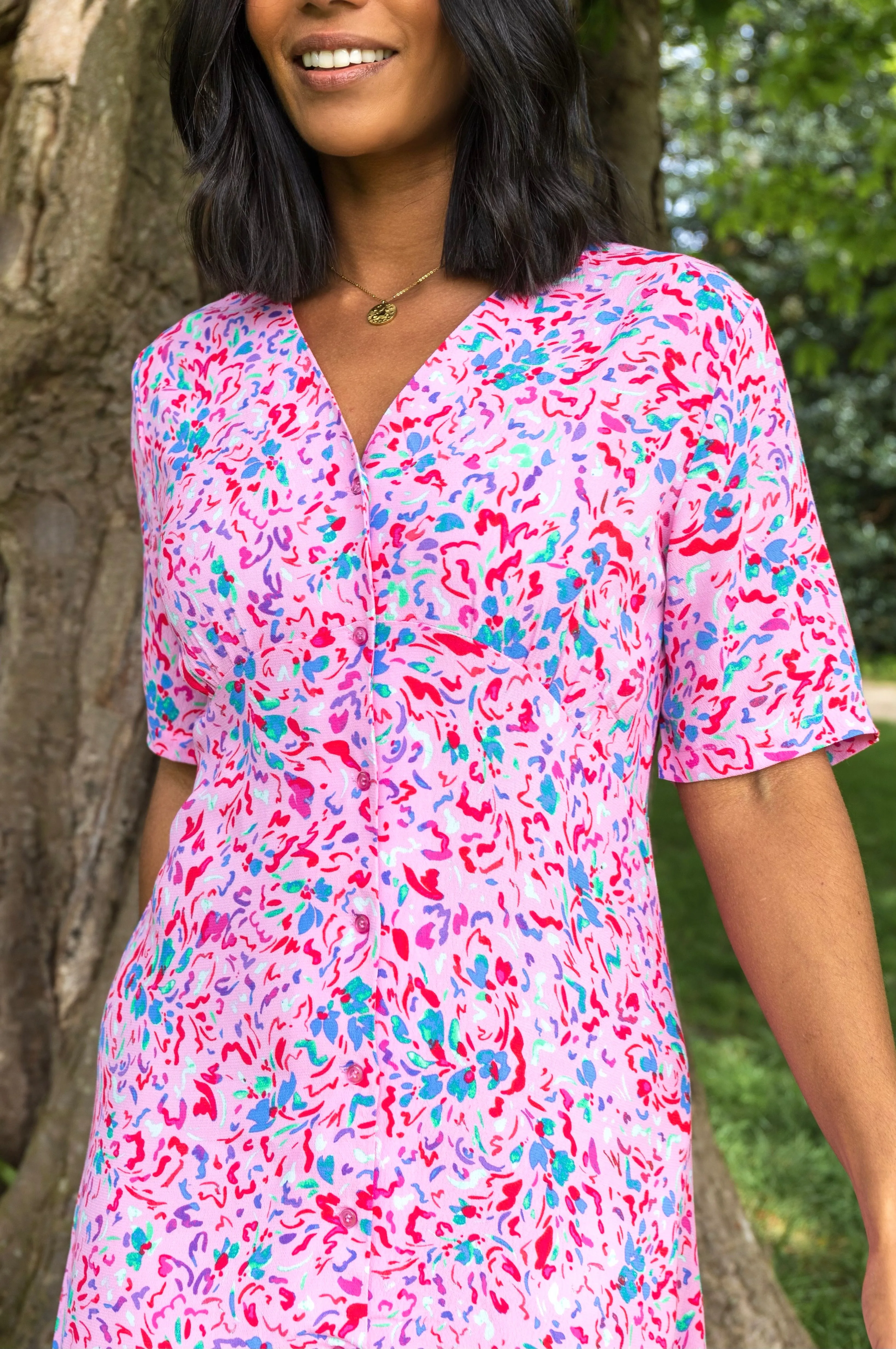 Carine Pink Graphic Midi Dress Padded-Bust